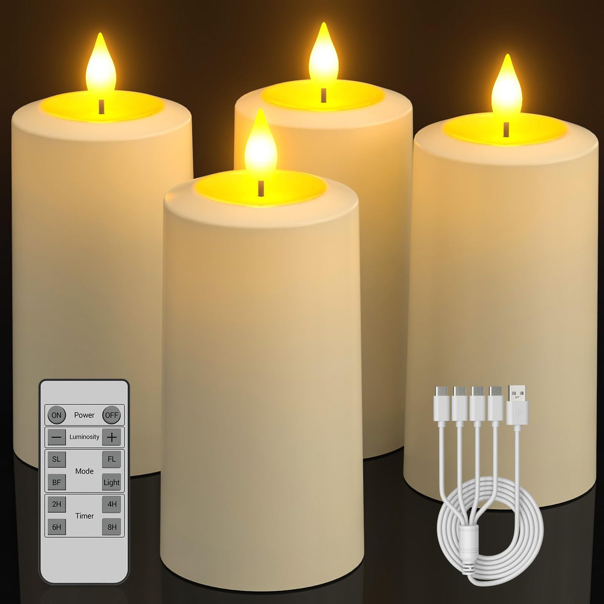 SoulBay Flameless LED Candles, 4-Pack USB Rechargeable, Flickering Waterproof White Pillar Candles with Remote Control Timer for Outdoor Lantern Patio Yard Indoor Holiday Decor, 2.75 x 5.1 Inches 🍁 All In One Marketplace Canada