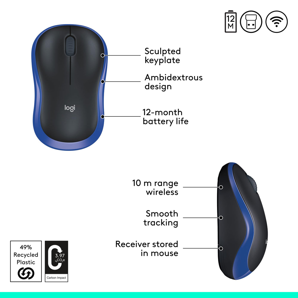 Logitech M185 Compact Ambidextrous Wireless Mouse with Rubber Grips - Blue