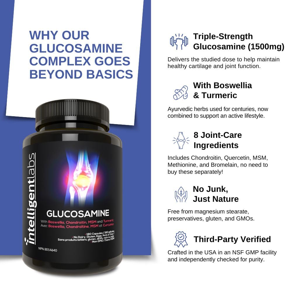 Triple Strength Glucosamine Sulfate Complex 1500mg, With Boswellia, Chondroitin, MSM and Turmeric - Available at All In One Marketplace Canada