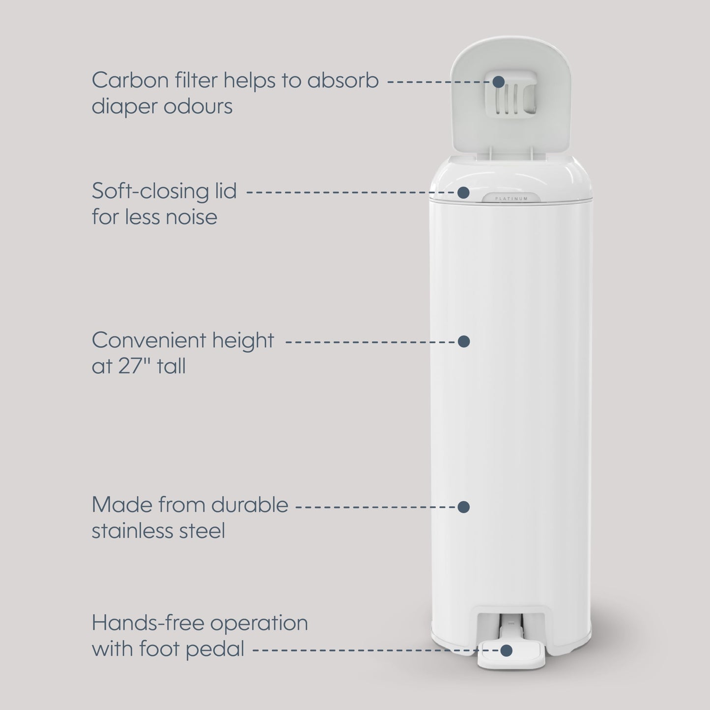 Diaper Genie Platinum Diaper Pail, White - Made in Durable Stainless Steel and Includes 1 Easy Roll Refill with 18 Bags