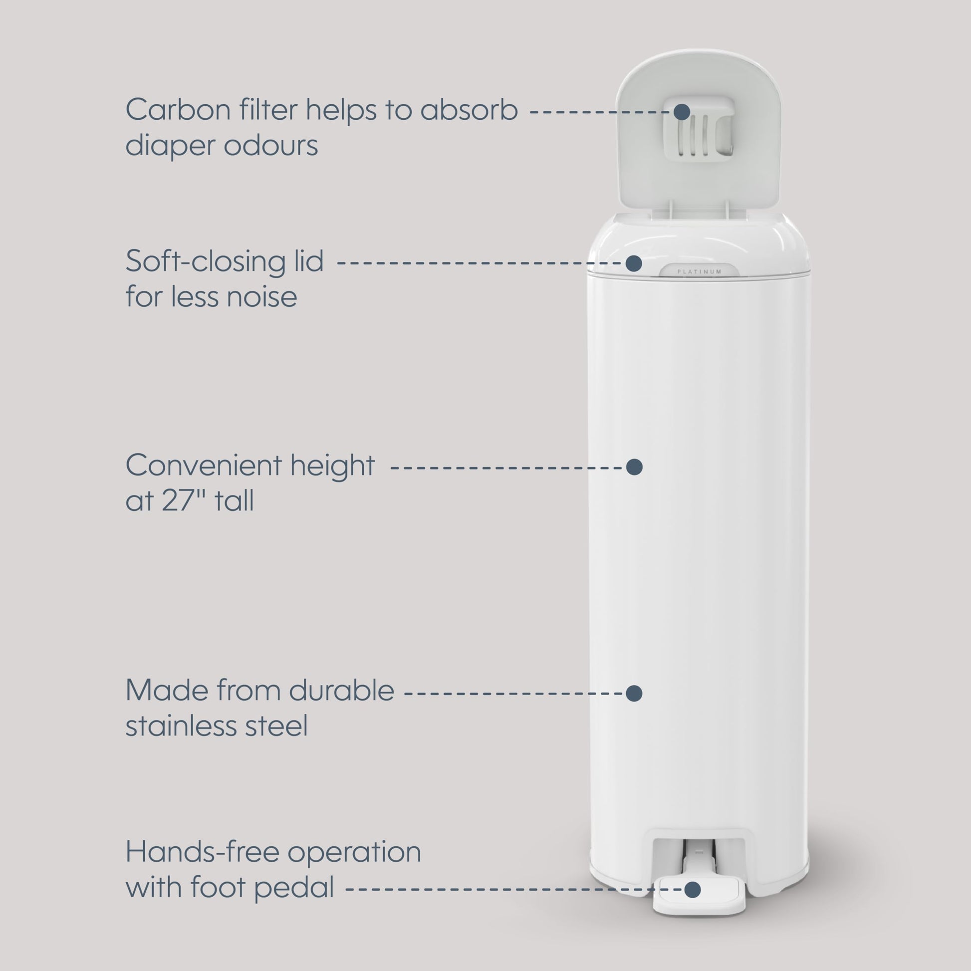 Diaper Genie Platinum Diaper Pail, White - Made in Durable Stainless Steel and Includes 1 Easy Roll Refill with 18 Bags
