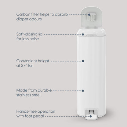Diaper Genie Platinum Diaper Pail, White - Made in Durable Stainless Steel and Includes 1 Easy Roll Refill with 18 Bags