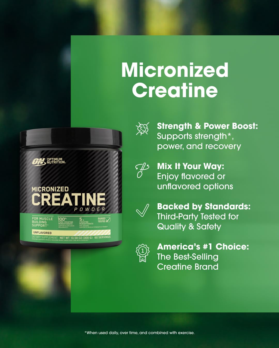 Optimum Nutrition 100% Pure Creatine Monohydrate Micronized Powder, Unflavored, 300g - 60servings (packaging may vary)