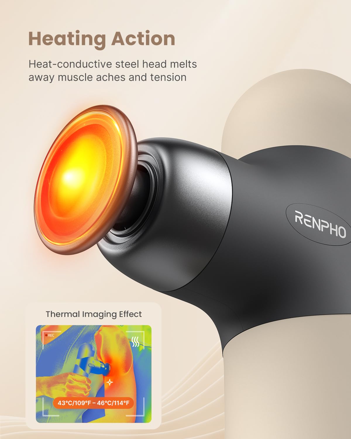 RENPHO Mini Thermal Massage Gun with Heat, Fathers Day Present, Portable Fashion Massager Gun, Color Silicone Sleeves, 4 Intensities, 4 Heads, Travel Size with Carry Case Grey - Available at All In One Marketplace Canada
