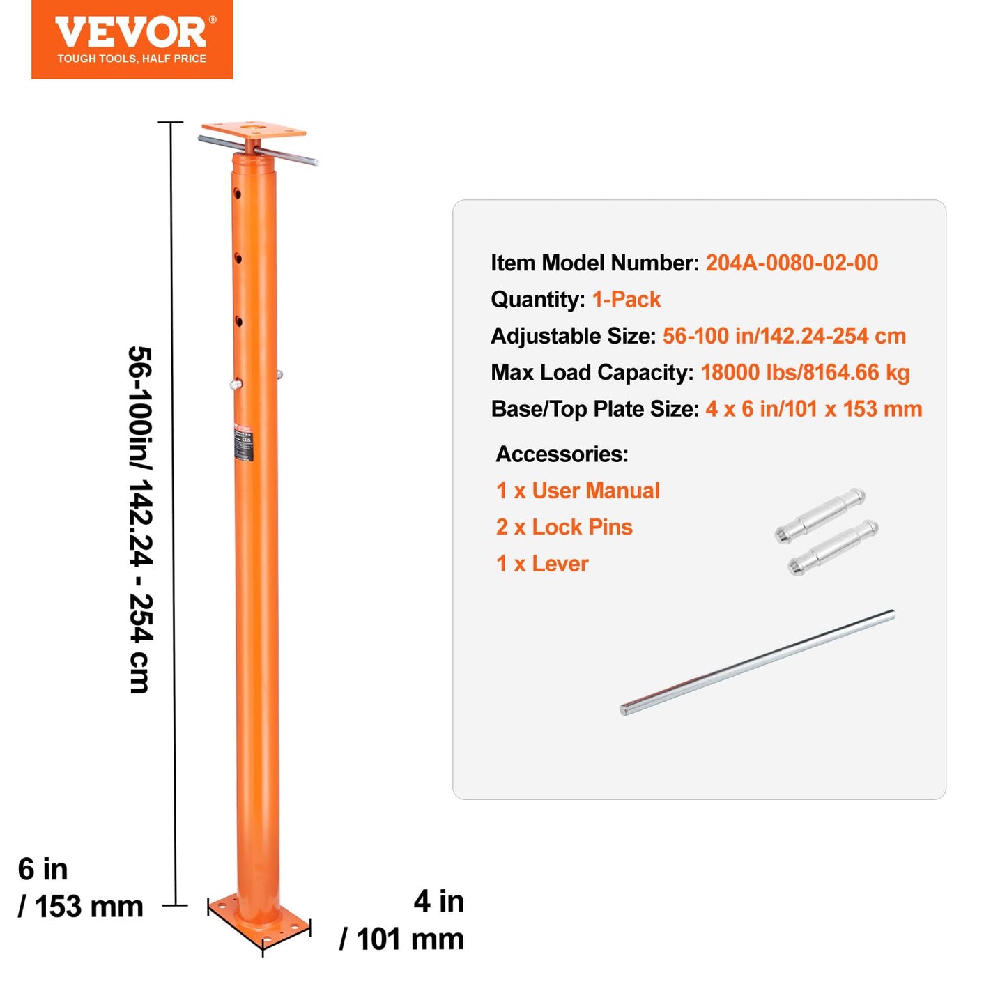 VEVOR House Floor Jack, 56"-100" Height Range, 18000 lbs Max Load Capacity, Adjustable Support Beam Basement Jack Post Pole for Leveling, Lift Support Steel Telescoping Jack for Temporary Support VEVOR