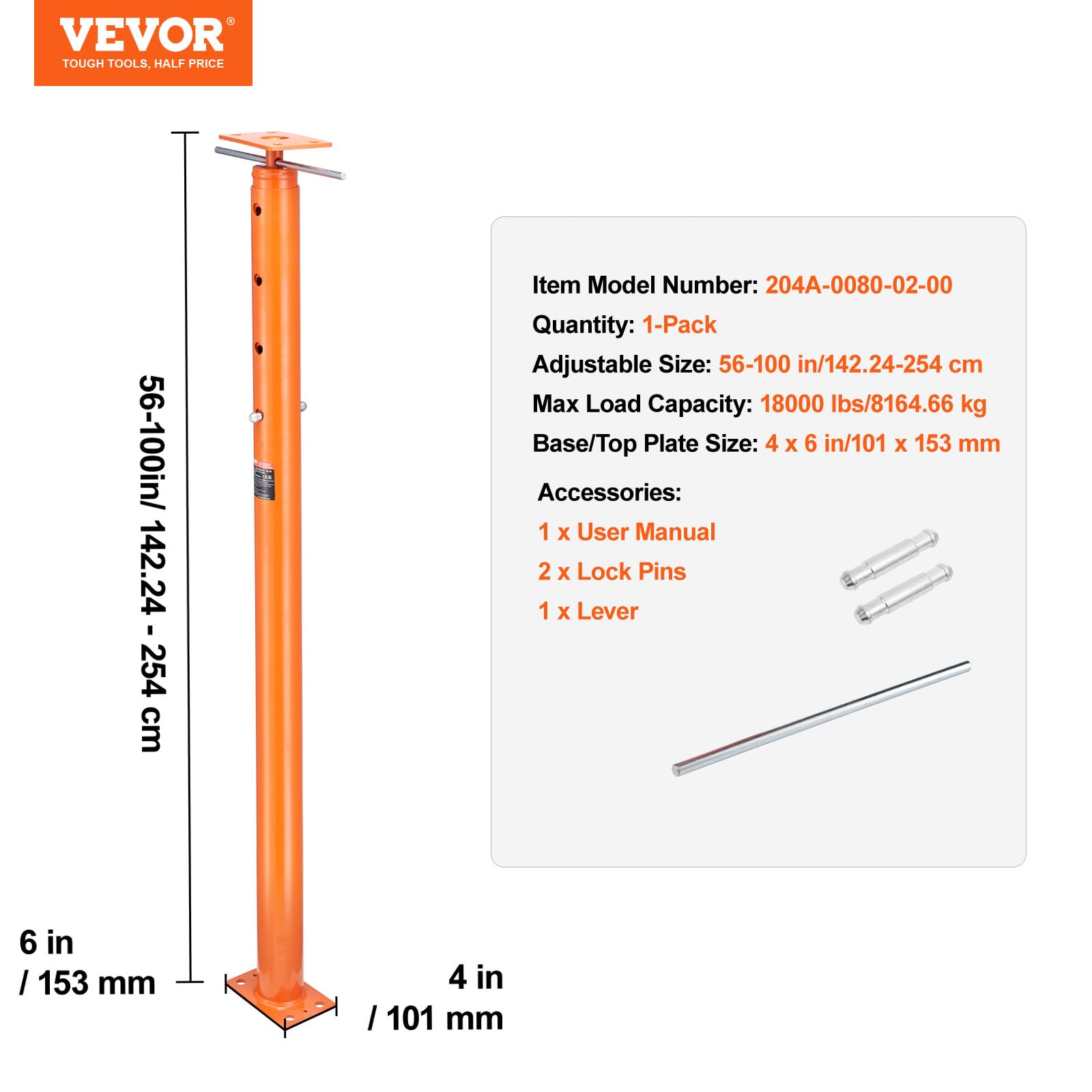 VEVOR House Floor Jack, 56"-100" Height Range, 18000 lbs Max Load Capacity, Adjustable Support Beam Basement Jack Post Pole for Leveling, Lift Support Steel Telescoping Jack for Temporary Support VEVOR