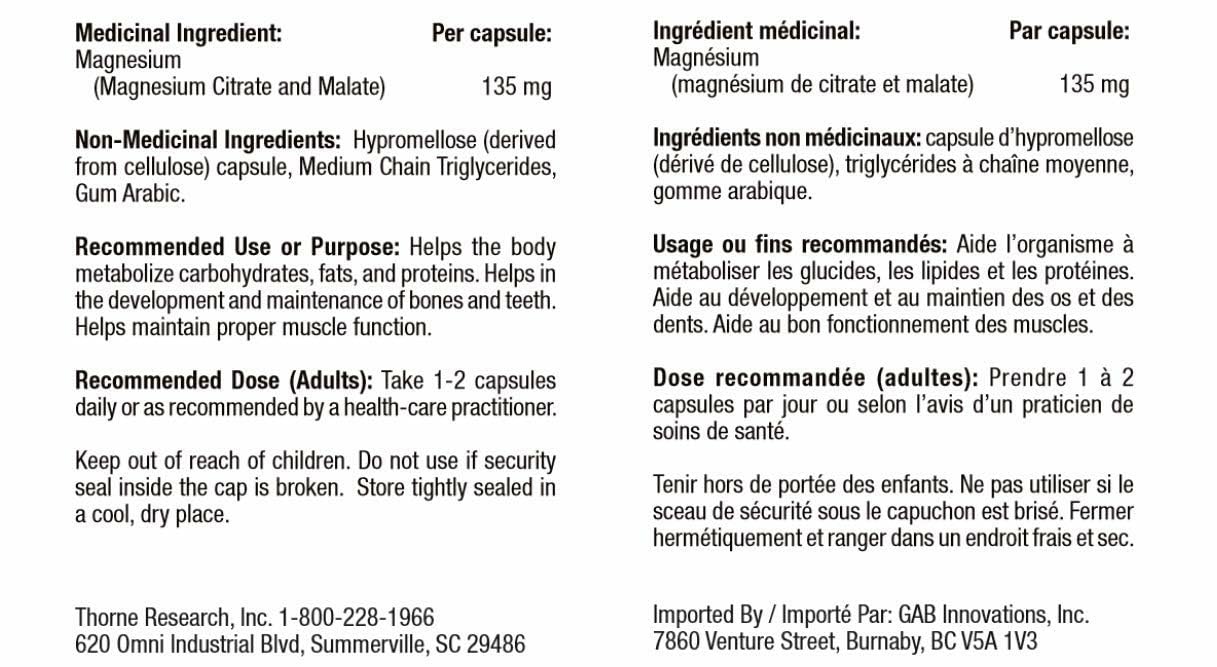 Thorne Magnesium Citramate - Magnesium with Citrate-Malate to Support Energy Production, Heart and Lung Function, and Metabolism of Sugar and Carbs - 90 Capsules - 90 Servings - Available at All In One Marketplace Canada