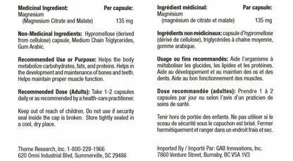 Thorne Magnesium Citramate - Magnesium with Citrate-Malate to Support Energy Production, Heart and Lung Function, and Metabolism of Sugar and Carbs - 90 Capsules - 90 Servings - Available at All In One Marketplace Canada