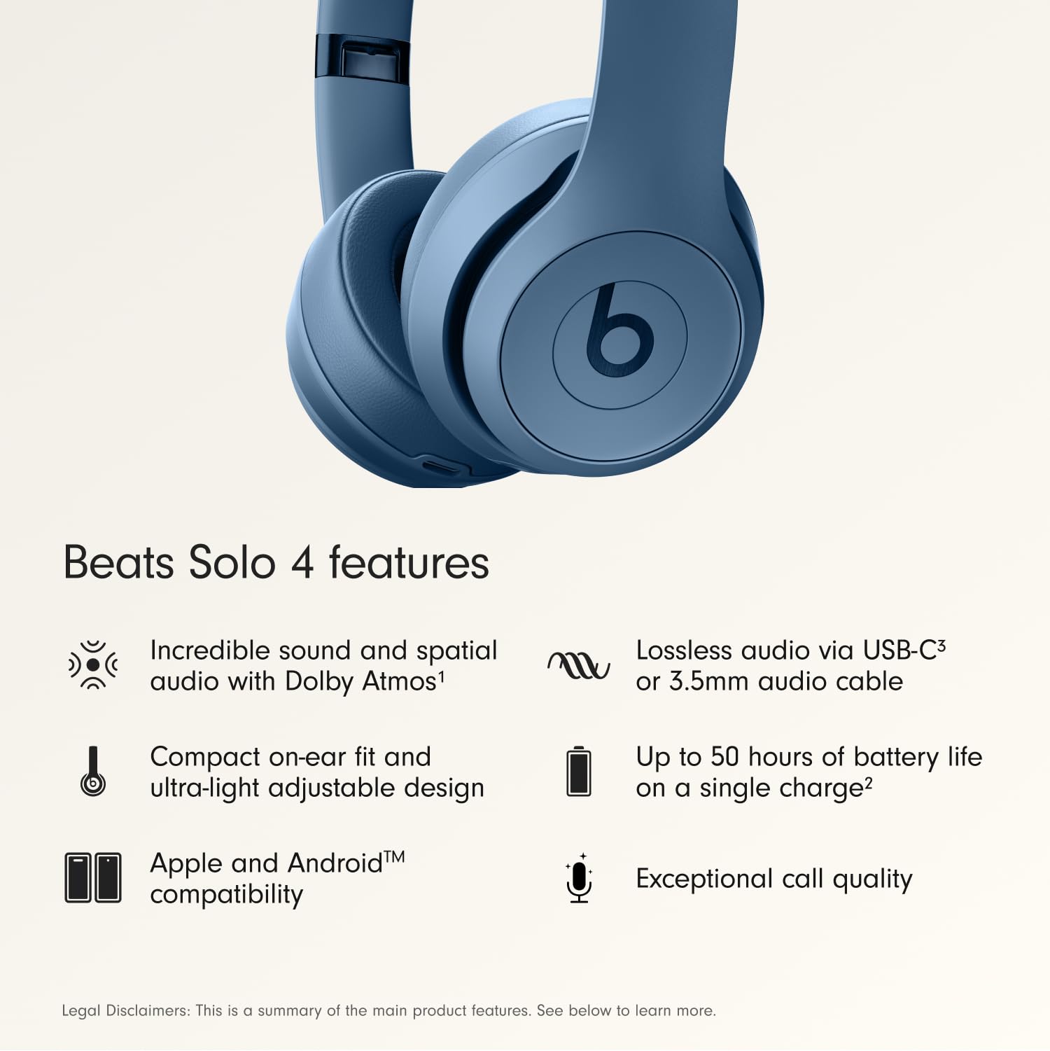 Beats Solo 4 - Wireless Bluetooth On-Ear Headphones, Apple & Android Compatible, Up to 50 Hours of Battery Life - Slate Blue