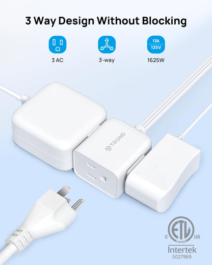 TROND 6ft Flat Extension Cord Indoor, Right Angle Ultra-Thin Plug, 3 Way Multiple Outlets, 13 Amps, 1625W, Small Flexible SPT 16/3 Power Cable Splitter for Home Office Dorm Room Essentials, White