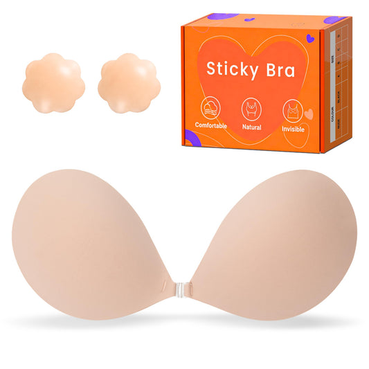 GKHWON Adhesive Bra Strapless Backless Invisible Push Up Sticky Bra with Silicone Nipple Covers Reusable Beige B