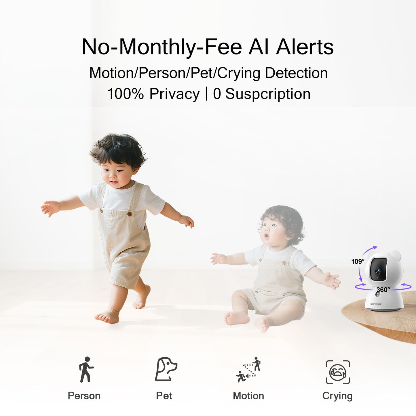 CINMOORE 2.5K Camera Surveillance Interieur, Indoor Security Cam, Free AI Pet/Person/Cry Detection, 4MP Pet Camera with Phone App Pan Tilt 2.4GHz WiFi, Night Vision, Full Duplex Audio