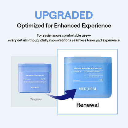 MEDIHEAL Hyaluronic Acid Toner Pads – Korean Skin Care, 99% Pure Low-Molecular Hyaluronic Acid with 8 HA Types & Glucose Hydro Complex, Deep Hydration & Cooling Care, Gel Hole Fabric, 100 pads