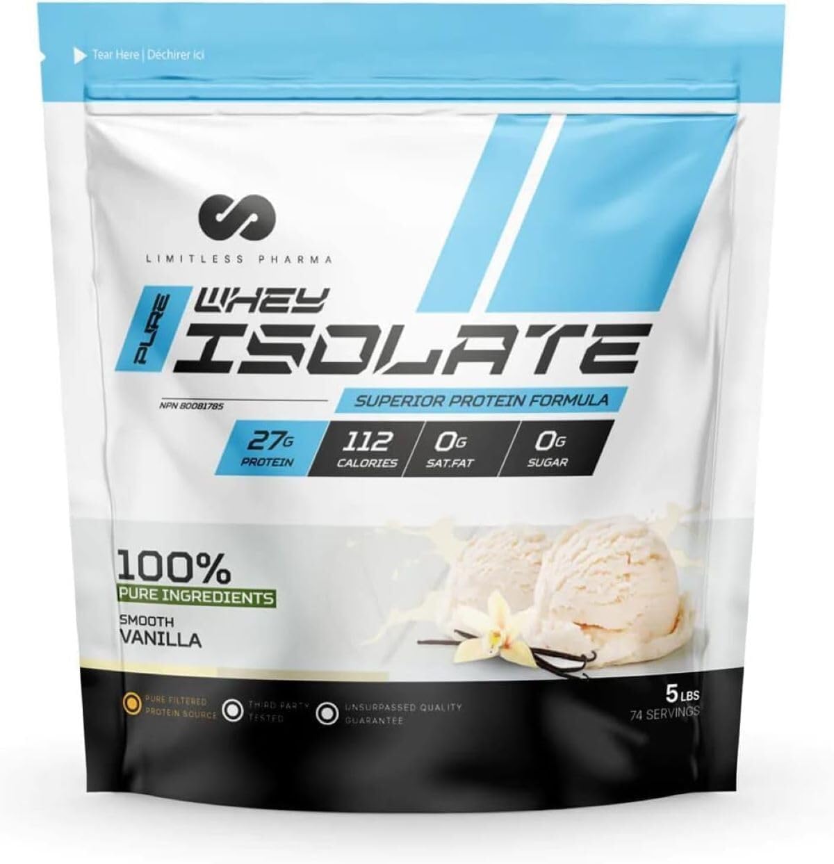 Limitless Pharma Pure Whey Isolate Powder | 27g Protein & 6g BCAAs Per Serving | Sugar-Free, Gluten-Free, Low Carb | 74 Servings, 5LB (Vanilla)