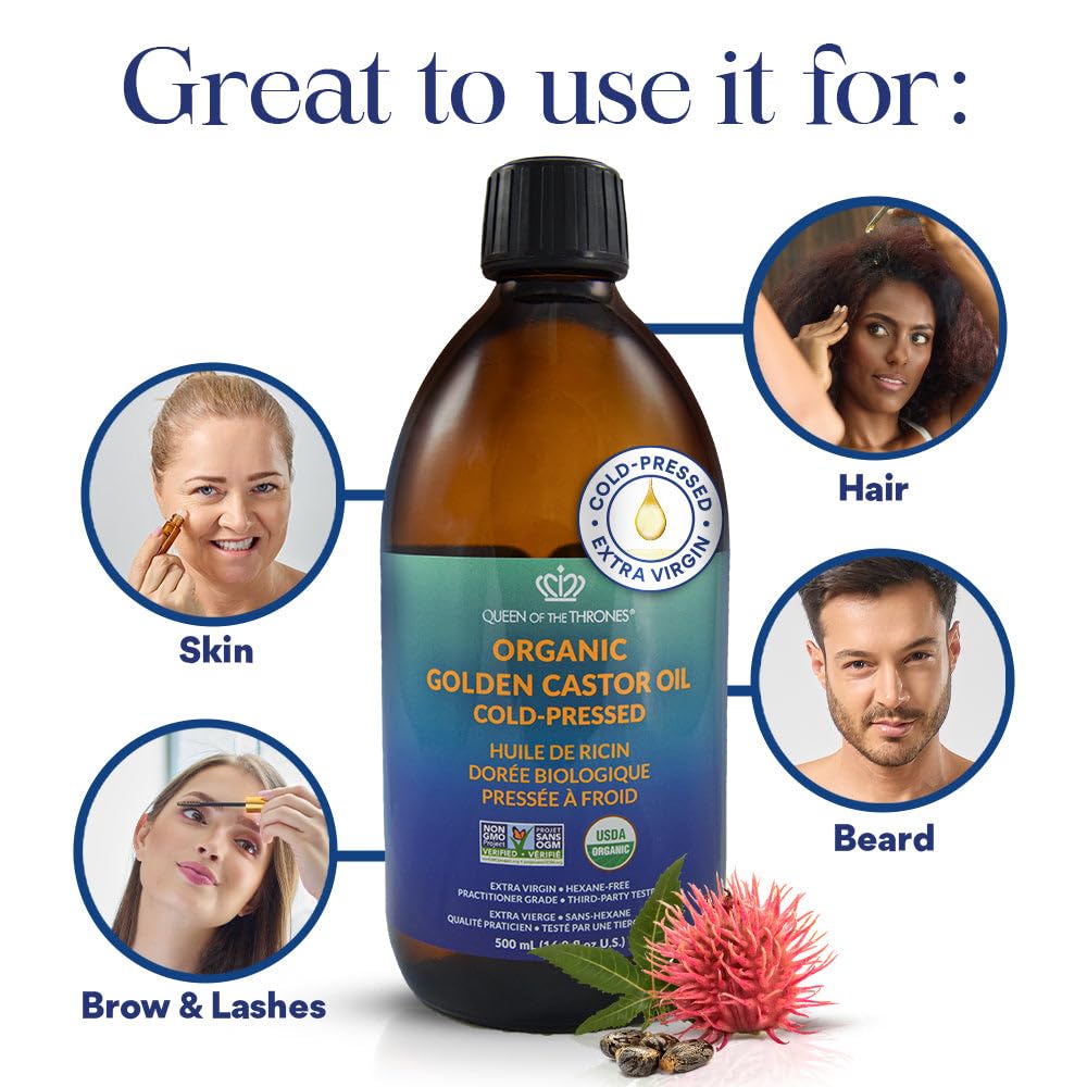 Queen of the Thrones Organic Golden Castor Oil - Pure Cold-Pressed Castor Oil for Self-Care - Multipurpose Clean Beauty Product for Hair, Nails & Skin - Silicone Precision Pump - 16.9 fl oz - Available at All In One Marketplace Canada