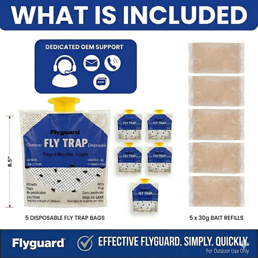 Flyguard 5-Pack Disposable Hanging Fly Trap Bag – Outdoor Odor-Free Insect Catcher for Patios, Gardens, Farms, and Campsites – Eco-Friendly, Pet Safe, No Electricity Required (Hang Style) - Available at All In One Marketplace Canada