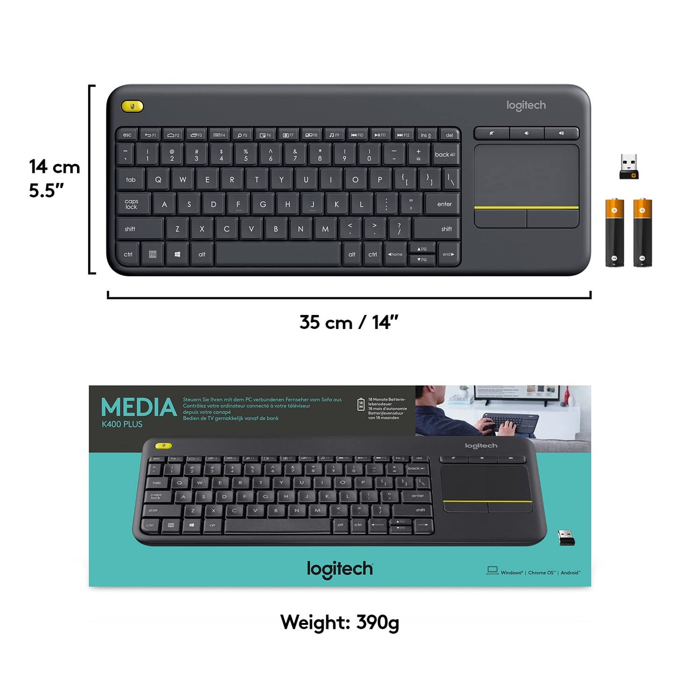 Logitech K400 Plus Wireless Touch TV Keyboard with Easy Media Control and Built-in Touchpad, HTPC Keyboard for PC-Connected TV, Windows, Android, ChromeOS, Laptop, Tablet - Black - Available at All In One Marketplace Canada