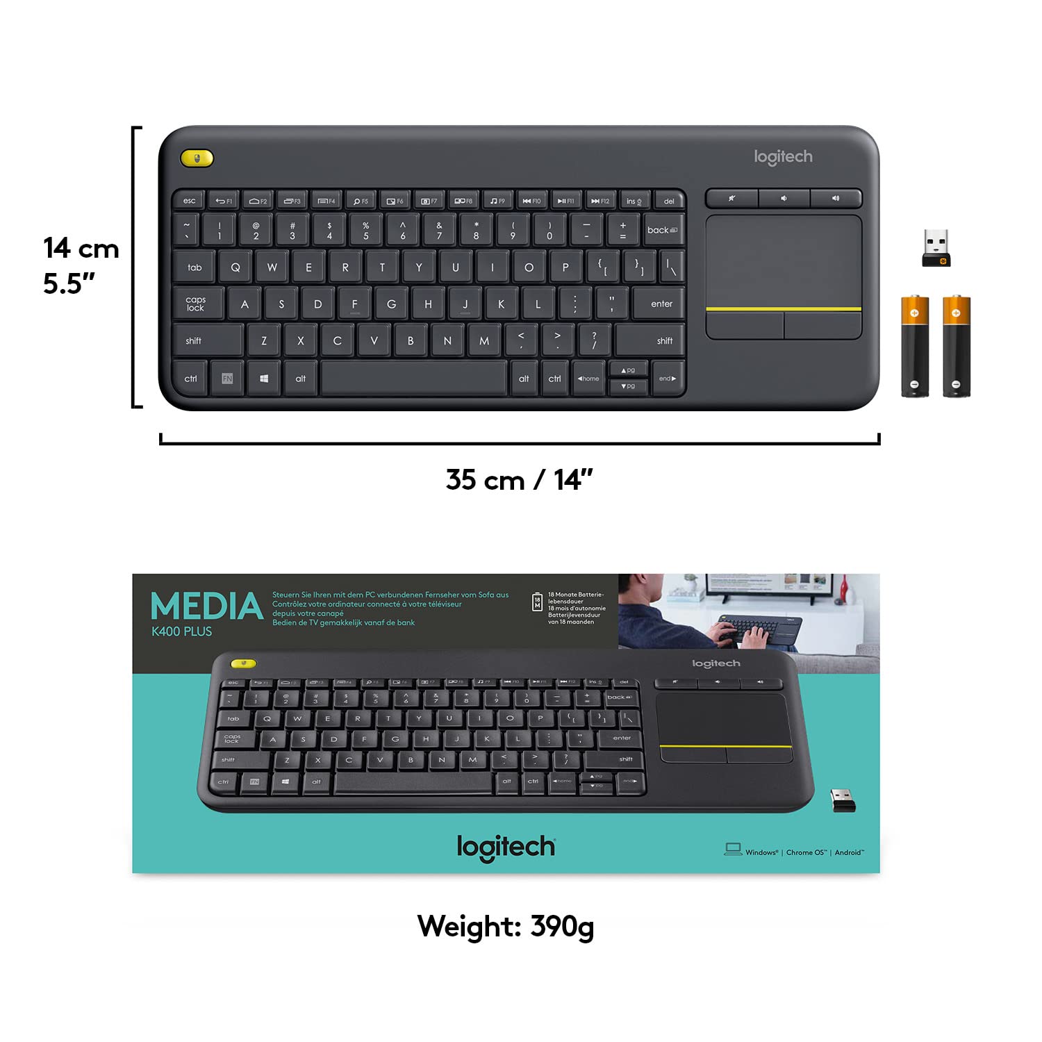 Logitech K400 Plus Wireless Touch TV Keyboard with Easy Media Control and Built-in Touchpad, HTPC Keyboard for PC-Connected TV, Windows, Android, ChromeOS, Laptop, Tablet - Black - Available at All In One Marketplace Canada