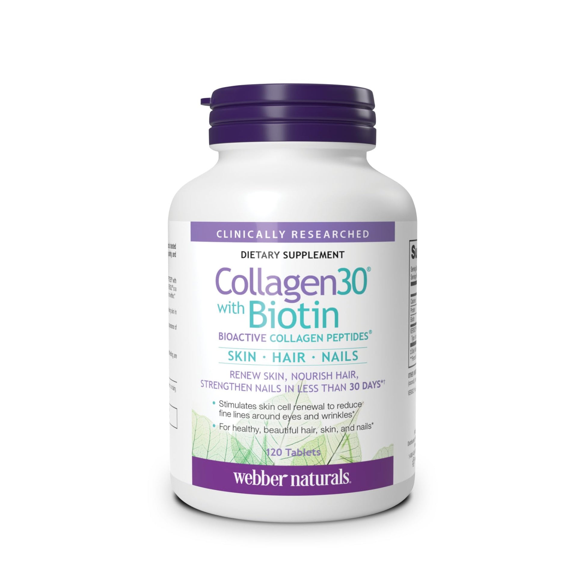Webber Naturals Collagen30 with Biotin, 2,500 mg of Bioactive Collagen Peptides with 5,000 mcg of Biotin Per Serving, 120 Tablets, For Advanced Nourishment of Skin, Hair and Nails - Available at All In One Marketplace Canada