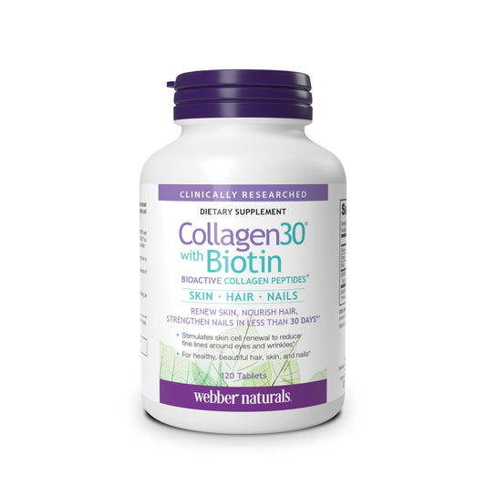 Webber Naturals Collagen30 with Biotin, 2,500 mg of Bioactive Collagen Peptides with 5,000 mcg of Biotin Per Serving, 120 Tablets, For Advanced Nourishment of Skin, Hair and Nails - Available at All In One Marketplace Canada
