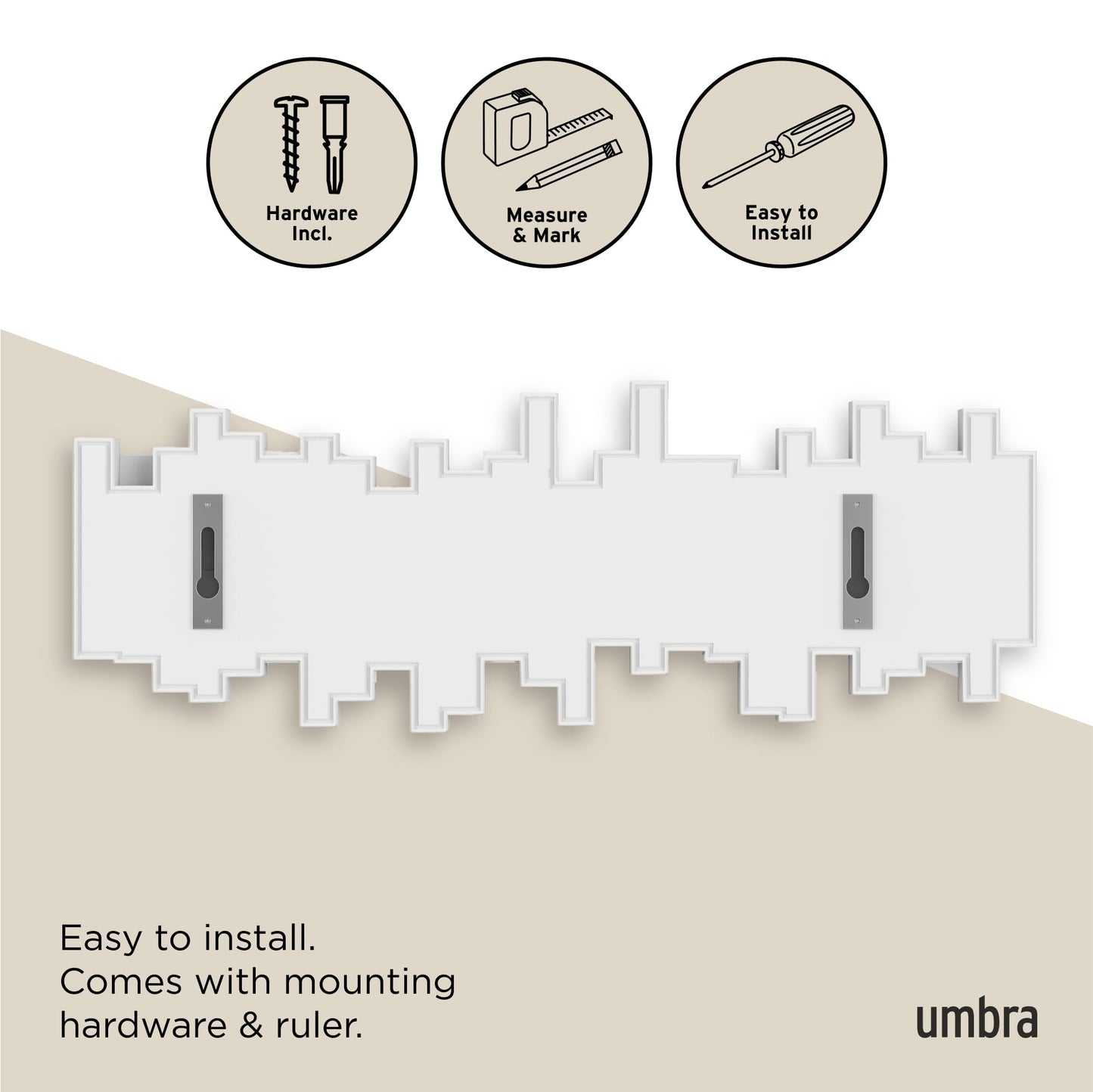 Umbra Sticks Wall-Mounted Coat Rack Rail Hook with 5 Retractable Pegs – Modern, Space-Saving Storage Organizer, White Umbra