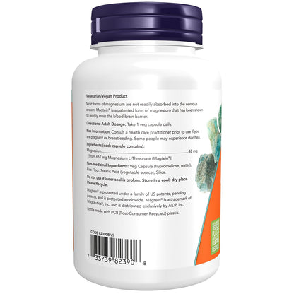 NOW Supplements, Magtein with patented form of Magnesium L-Threonate, Cognitive Support, 90 Veg Capsules NOW