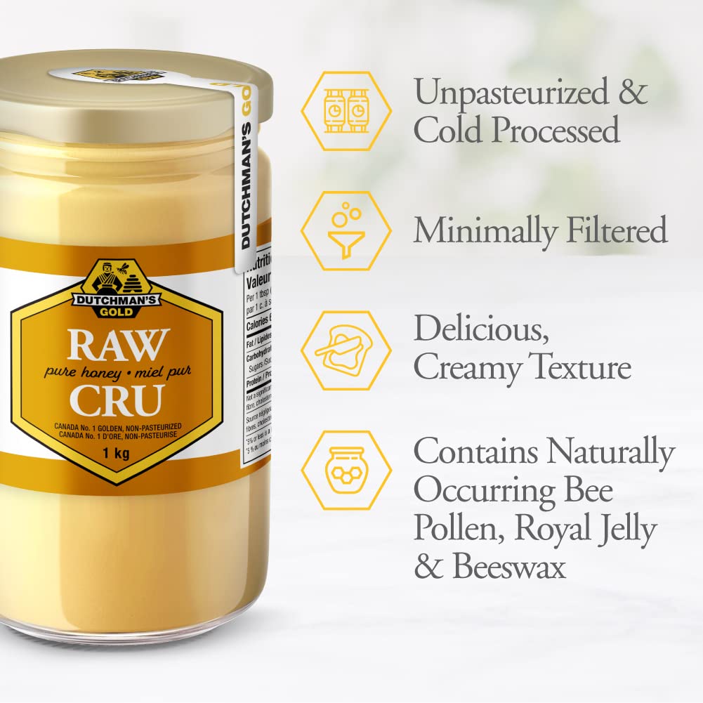Dutchman's Gold Raw Honey | 100% Canadian Unpasteurized & Cold-Processed | Naturally Creamy & Spreadable | Contains Bee Pollen, Royal Jelly & Beeswax | Made in Canada | 3 kg