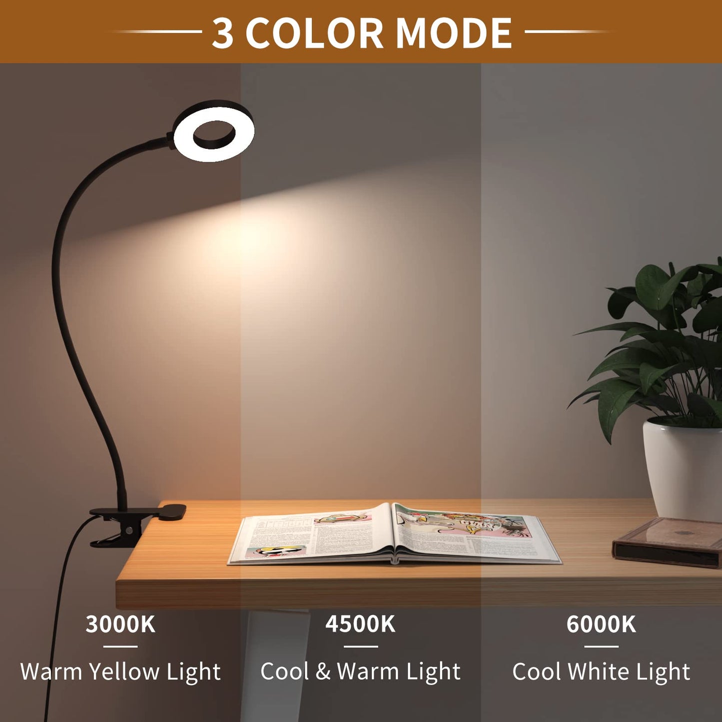 iZELL Desk Lamp, LED Reading Light with Clamp, 3 Color Modes & 10 Brightness Silicone Flexible Arm Book Light for Kids Reading Book in Bed at Night Clip on Table, Zoom Meetings - 15.8'' Black