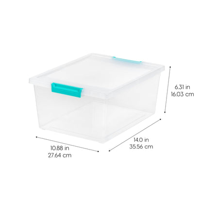 IRIS USA 11.4 L (12 US Qt) Large Deep Clip Box, 4 Pack, Clear Plastic Storage Container Bins with Latching Lids, Organizer for Home, Office and Classroom, Stackable Nestable, Seafoam Blue Buckles IRIS USA