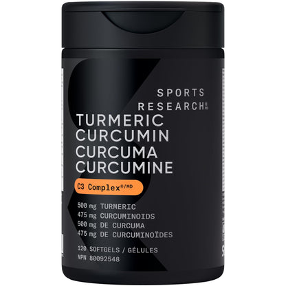Sports Research® Turmeric Curcumin C3® Complex 500mg, Enhanced with Black Pepper & Organic Coconut Oil for Better Absorption; Non-GMO, Gluten Free & Third-Party Tested - 120 Liquid Softgels - Available at All In One Marketplace Canada