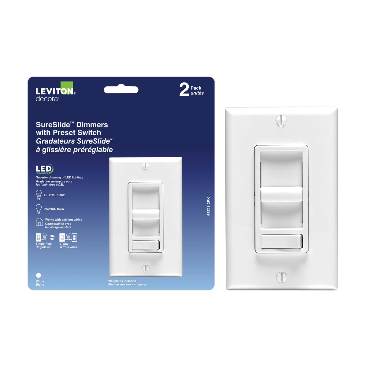 Leviton 2-Pack SureSlide Dimmer Switch for Dimmable LED, Halogen and Incandescent Lighting, 66741-2PK, Wallplates Included, White