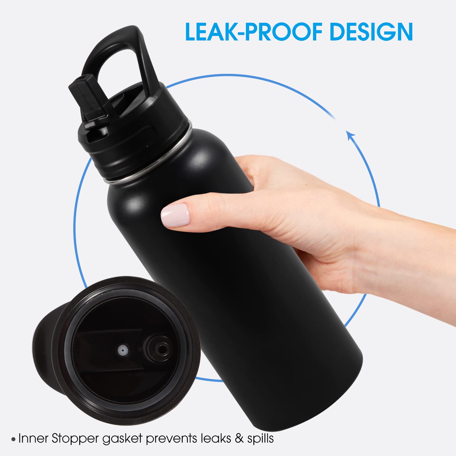 Insulated Water Bottle, 32oz Vacuum Stainless Steel Metal Sports Water Bottles with Stickers, Straw & Spout Lid (2 Lids), Double Walled to Keeps Hot and Cold, Leak Proof, BPA-Free, 32oz (Black) - Available at All In One Marketplace Canada
