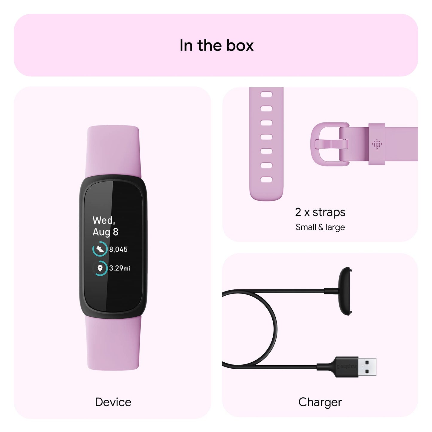 Google Fitbit Inspire 3 Health and Fitness Tracker with Stress Management, Workout Intensity, Sleep Tracking, 24/7 Heart Rate and More, Lilac Bliss/black, One Size (S and L Bands Included)