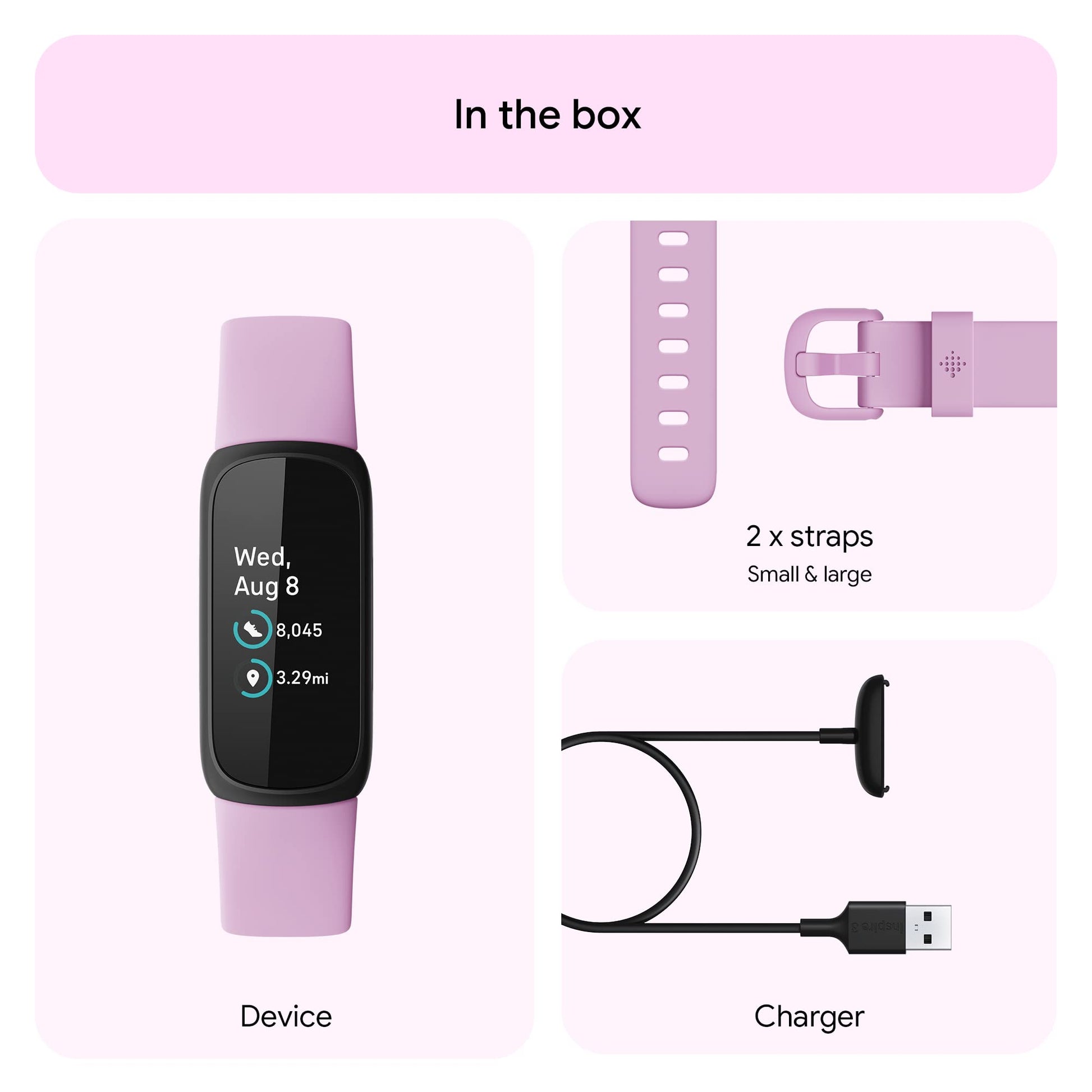 Google Fitbit Inspire 3 Health and Fitness Tracker with Stress Management, Workout Intensity, Sleep Tracking, 24/7 Heart Rate and More, Lilac Bliss/black, One Size (S and L Bands Included)