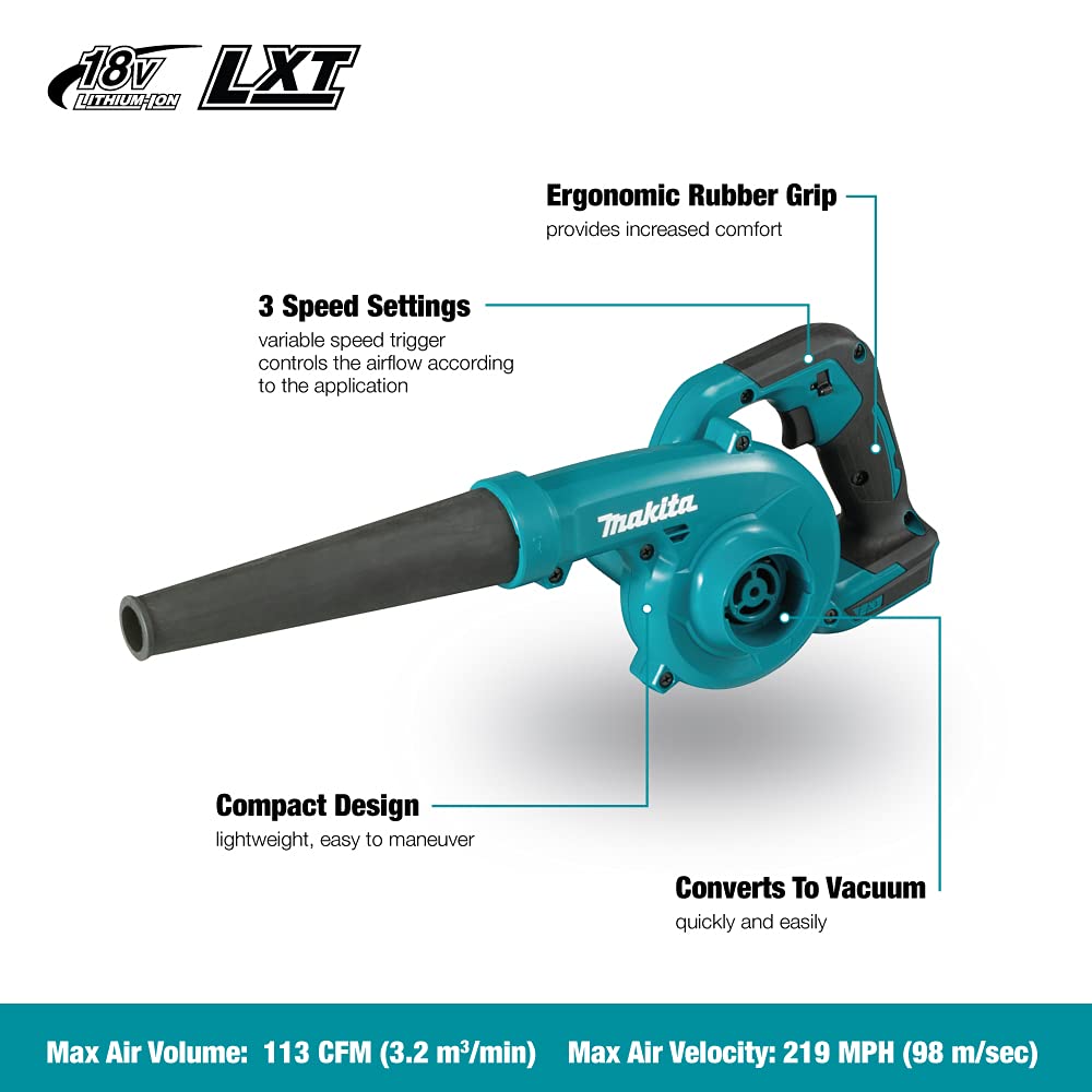 Makita 18V LXT 113 CFM Blower 3-Speed Variable Control, High Air Volume & Speed, Converts to Vacuum, Ergonomic Soft-Grip Design for Efficient Clean-Up (Tool Only) Makita