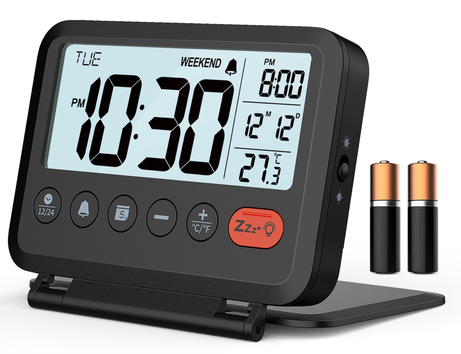 MeesMeek Digital Travel Alarm Clock: Small Bedside LCD Clock with Date Temperature Snooze Backlight 12/24H Weekend Mode and 2 Volume, Desk Clock for Kids Office Bedroom, Battery Included (Black) - Available at All In One Marketplace Canada