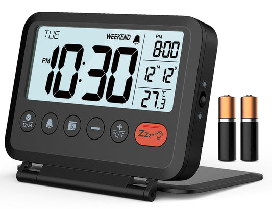 MeesMeek Digital Travel Alarm Clock: Small Bedside LCD Clock with Date Temperature Snooze Backlight 12/24H Weekend Mode and 2 Volume, Desk Clock for Kids Office Bedroom, Battery Included (Black) - Available at All In One Marketplace Canada