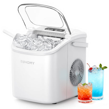 EUHOMY Countertop Ice Maker Machine with Handle, 26lbs Per Day, 9 Ice Cubes Ready in 6 Mins, Auto-Cleaning Portable Ice Maker with Basket and Scoop, for Home/Kitchen/Camping/RV (White)