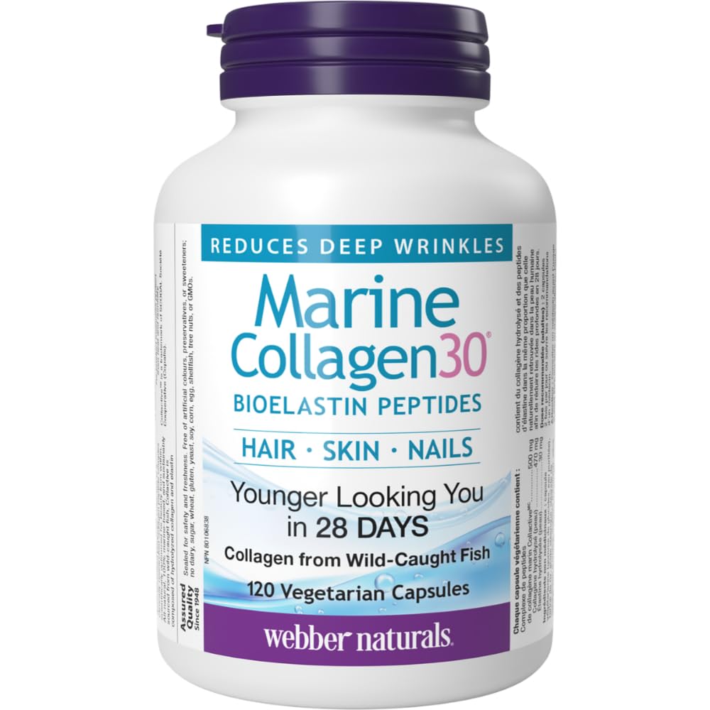 Webber Naturals Collagen30 Marine Bioelastin Peptides, 500 mg of Collactive Marine Collagen Peptide Complex Per Pill, 120 Capsules, Helps Reduce Deep Wrinkles and Joint Pain - Available at All In One Marketplace Canada