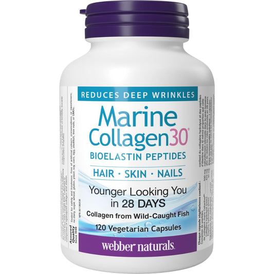 Webber Naturals Collagen30 Marine Bioelastin Peptides, 500 mg of Collactive Marine Collagen Peptide Complex Per Pill, 120 Capsules, Helps Reduce Deep Wrinkles and Joint Pain - Available at All In One Marketplace Canada