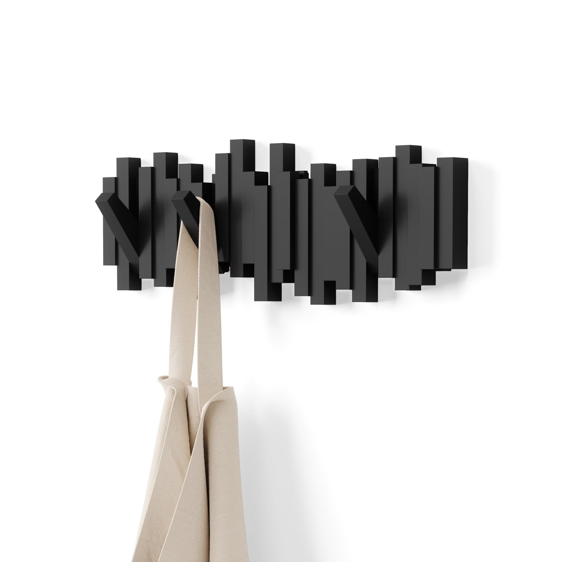 Umbra Sticks Wall-Mounted Coat Rack Rail Hook with 5 Retractable Pegs – Modern, Space-Saving Storage Organizer, Black Umbra