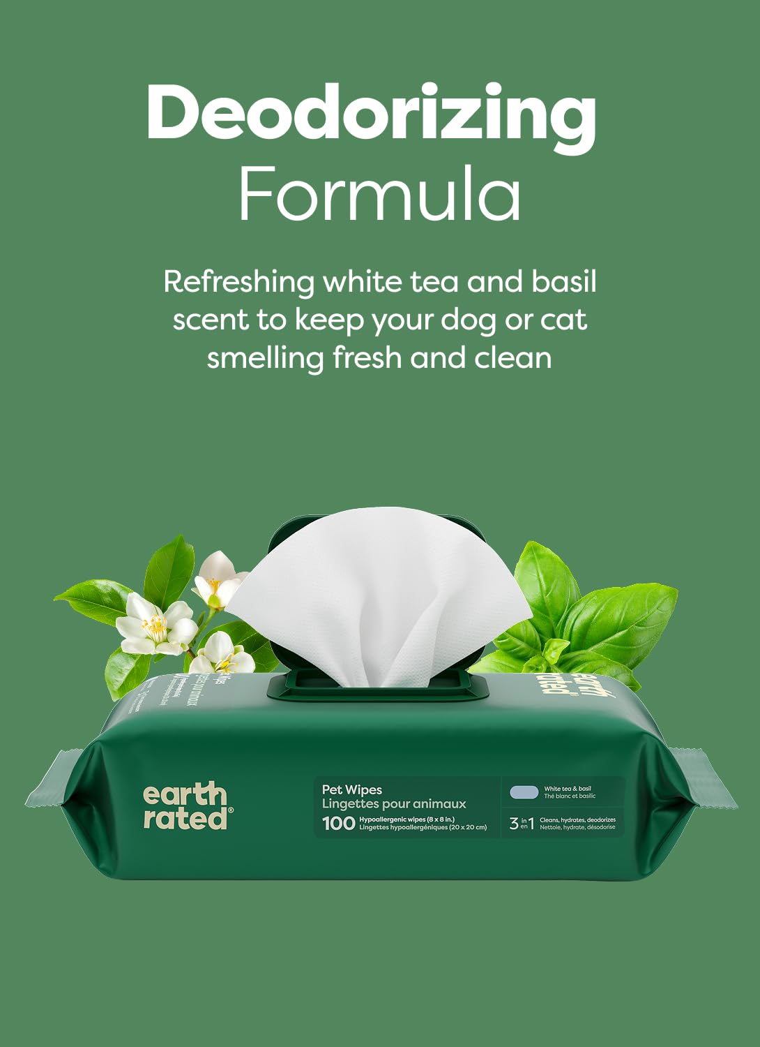 Earth Rated (A Canadian Company) Pet Wipes for Dogs and Cats, Hypoallergenic, 3-in-1 Cleaning, Deodorizing and Hydrating, for Grooming Paws, Body and Butt, New White Tea and Basil Scent, 400 Count