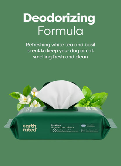 Earth Rated (A Canadian Company) Pet Wipes for Dogs and Cats, Hypoallergenic, 3-in-1 Cleaning, Deodorizing and Hydrating, for Grooming Paws, Body and Butt, New White Tea and Basil Scent, 400 Count