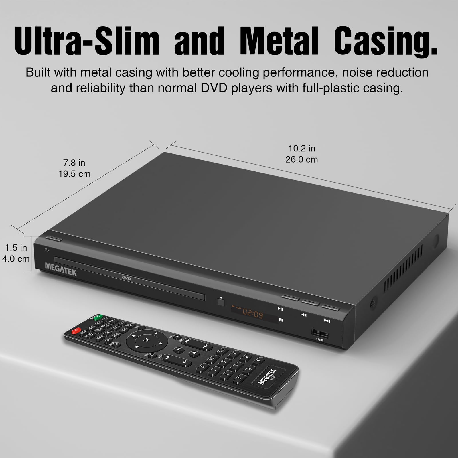 MEGATEK Region-Free HDMI DVD Player for TV, Compact CD/DVD Player with USB Port, Plays All Region DVDs & Multi Formats, Metal Housing, HDMI/RCA Cables & Remote Included