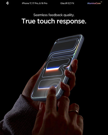 Spigen AluminaCore Tempered Glass Screen Protector [Glas.tR EZ Fit] designed for iPhone 17 Pro | iPhone 17 | iPhone 16 Pro [2 Pack] 9H+ Hardness, Aluminum-Enhanced Durability - Available at All In One Marketplace Canada
