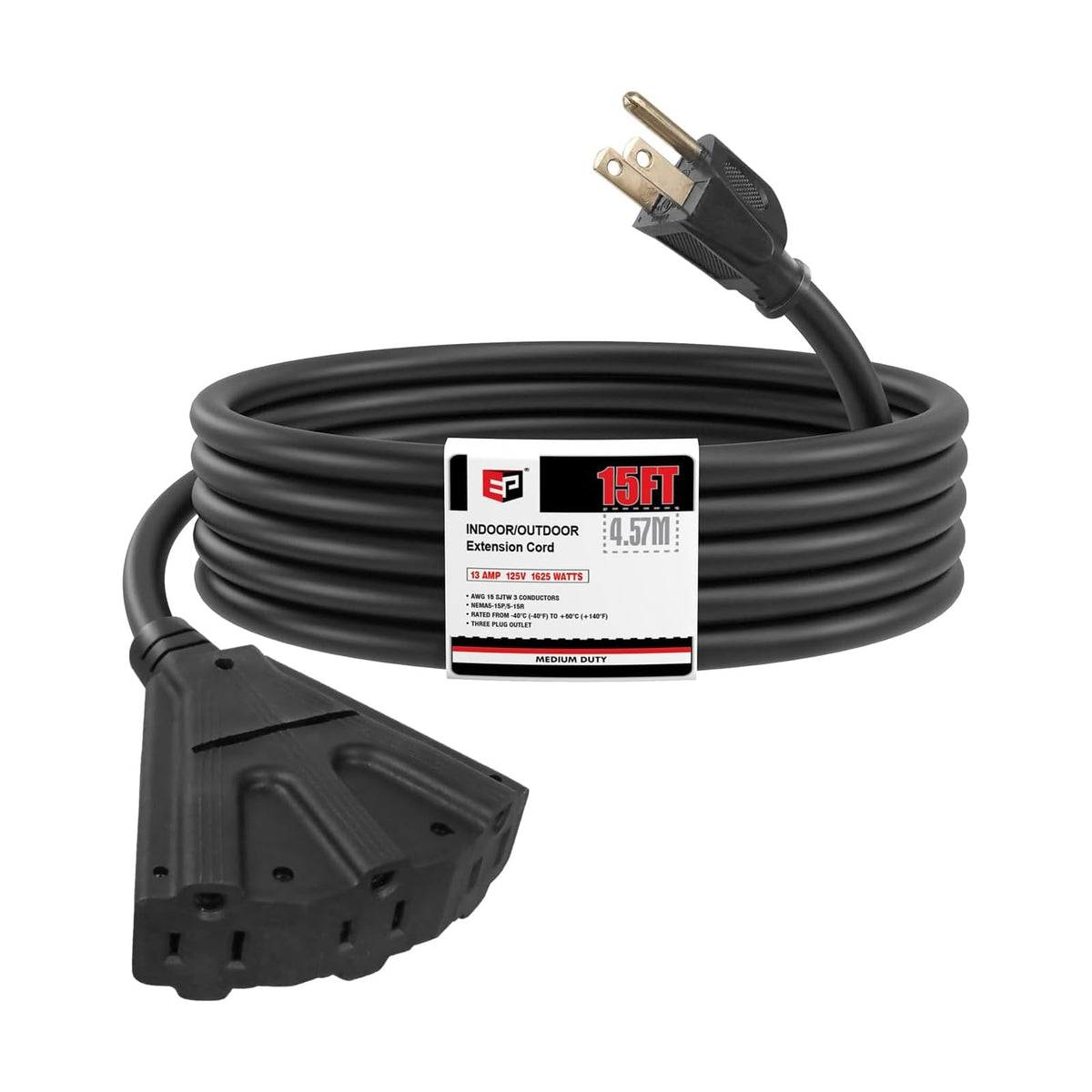 EP 15 Ft Outdoor Extension Cord with 3 Electrical Power Outlets - 16/3 SJTW Black Cable with 3 Prong Grounded Plug for Safety Great for Christmas Lights, Garden and Major Appliances 🍁 All In One Marketplace Canada