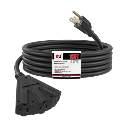 EP 15 Ft Outdoor Extension Cord with 3 Electrical Power Outlets - 16/3 SJTW Black Cable with 3 Prong Grounded Plug for Safety Great for Christmas Lights, Garden and Major Appliances 🍁 All In One Marketplace Canada