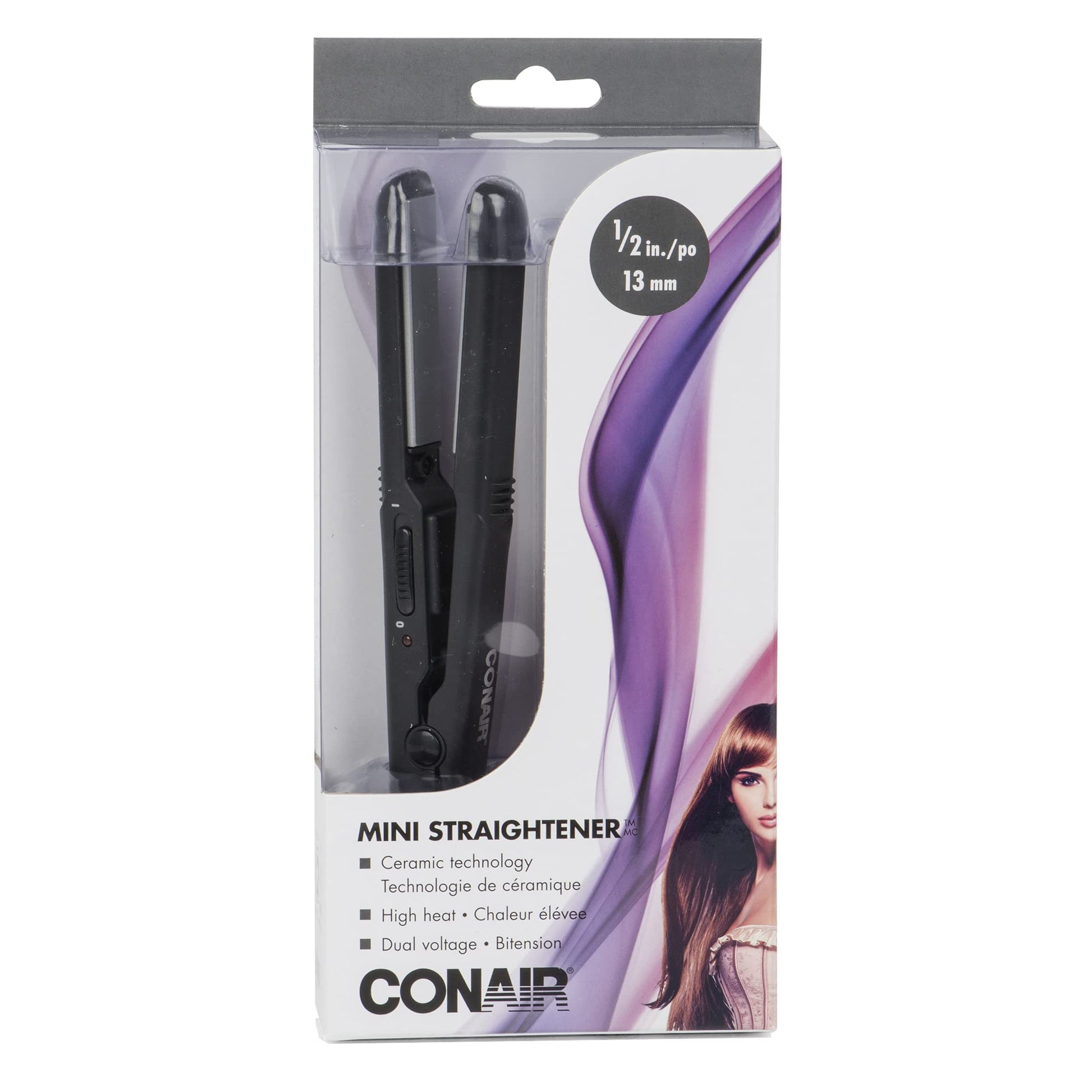 Conair Mini Pro CS80XAC 1/2-Inch Hair Straightener, 56°F (180°C) High Heat, Dual Voltage, 13mm Flat Iron, Black, Travel flat iron Conair