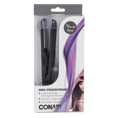 Conair Mini Pro CS80XAC 1/2-Inch Hair Straightener, 56°F (180°C) High Heat, Dual Voltage, 13mm Flat Iron, Black, Travel flat iron Conair