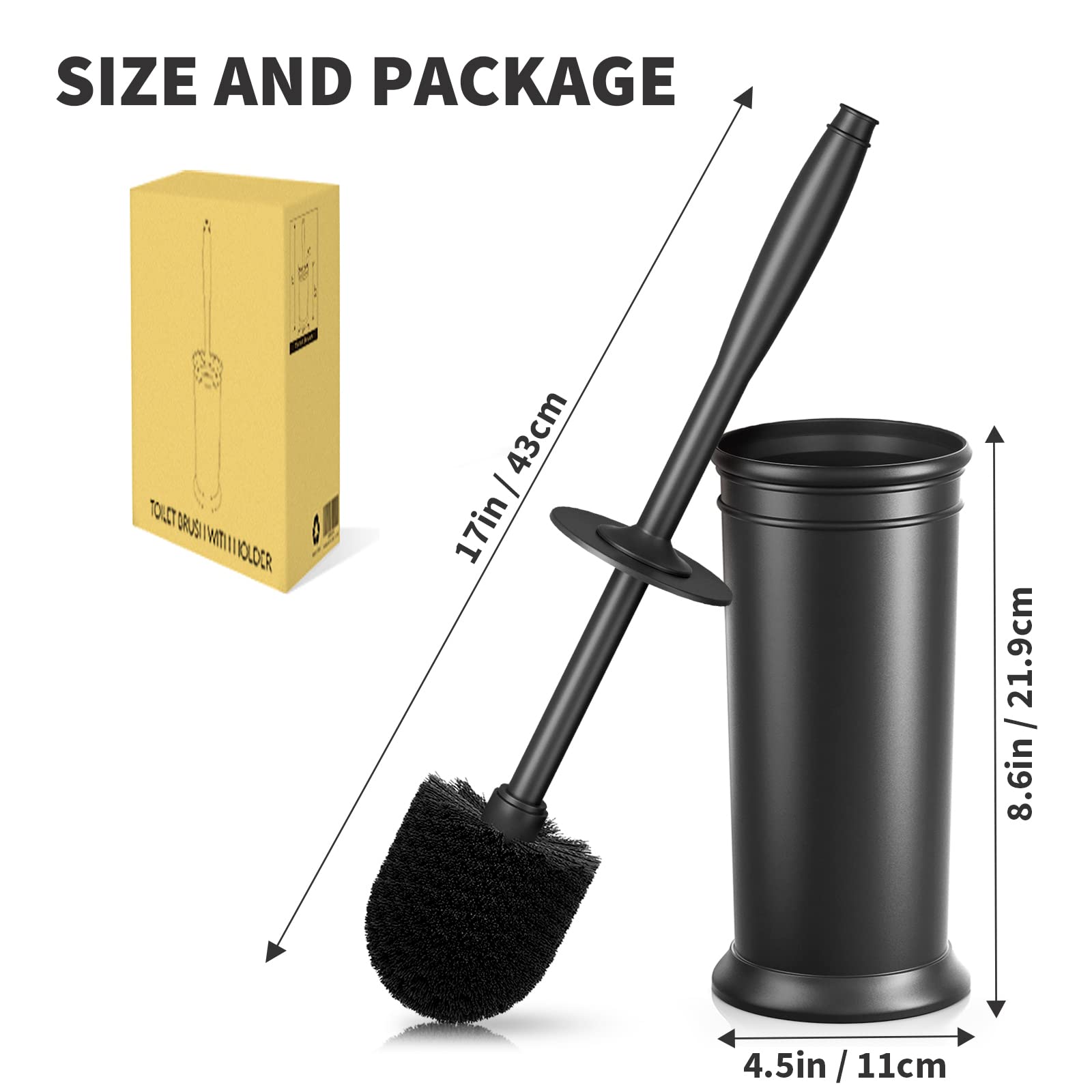 UPTRONIC Toilet Brush, Toilet Bowl Brush with Extra Long Handle Durable Bristles Toilet Scrubber and Covered Holder for Toilet Brush Set for Bathroom Cleaning (Black-01)
